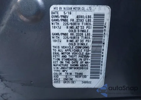 2019 Nissan Rogue Sv z USA, uszkodzony, nr VIN JN8AT2MT9KW268108